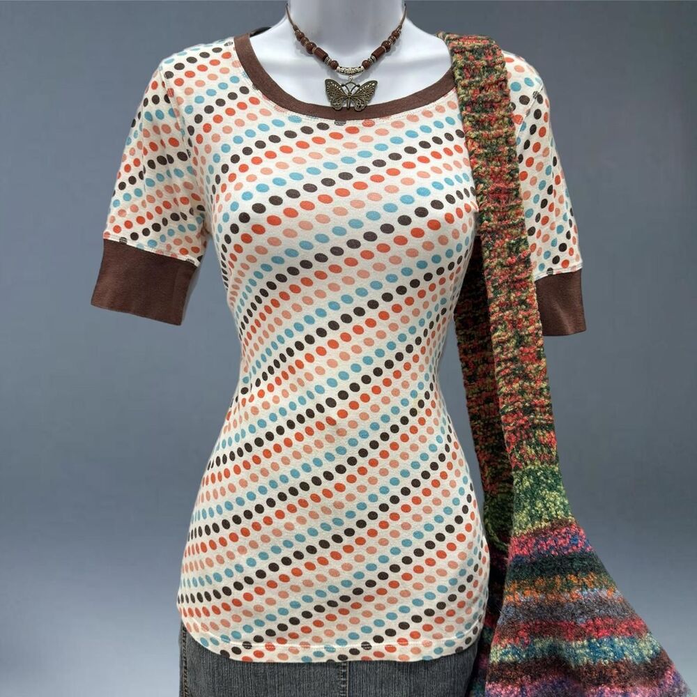 Y2K FANG Polka Dot Ringer Tee S Coquette Indie Sleaze Core Retro